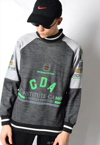 VINTAGE 80S GREY COLOUR BLOCK MOCK NECK SWEATSHIRT