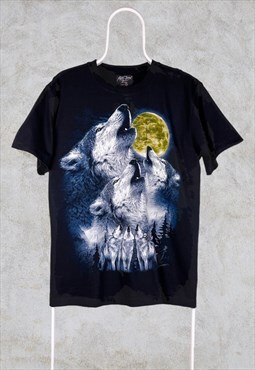 Vintage Wolves T-Shirt Graphic Rock Mang Black Medium