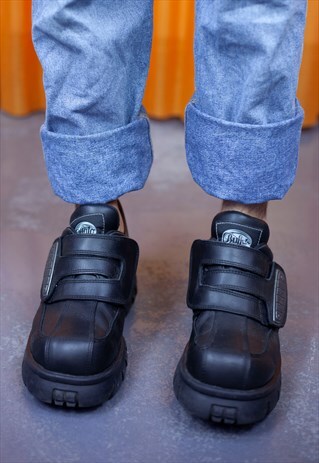 VINTAGE 90S BUFFALO FLAT SHOES BLACK CHUNKY SOLE VELCRO