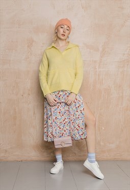 White and Pink Floral Print Side Slit Midi Skirt
