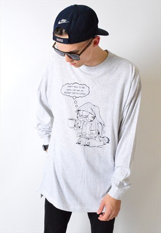 VINTAGE 90S GREY GARFIELD COFFEE LONG SLEEVE TOP