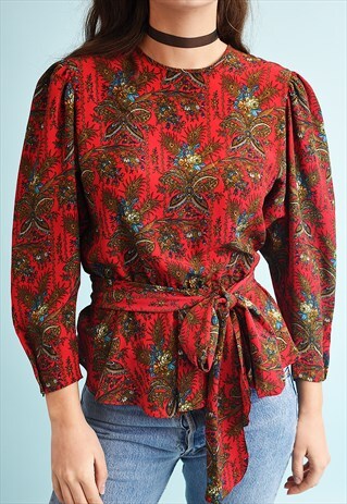 80'S RETRO FLORAL PRINT PEPLUM BLOUSE TOP
