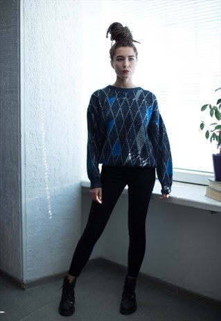 VINTAGE 80'S GREY/BLUE PATTERNED KNITTED JUMPER