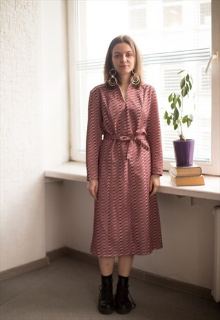 VINTAGE 80'S PING/GREY PATTERNED LONG SLEEVED MIDI DRESS