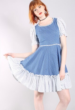 VINTAGE 50S POLKA DOT PUFF SLEEVE TEA DRESS
