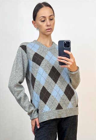 Vintage Grey Argyle Sweater, Soft Wool pullover jumper