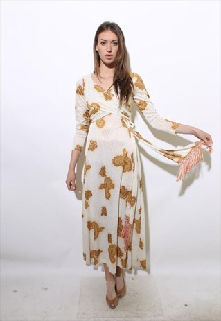 VINTAGE 1960'S 60'S WHITE PAISLEY MAXI DRESS FRINGE BELT S-M