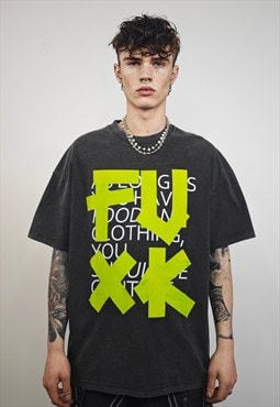 Punk slogan t-shirt vintage wash tee grunge FU top acid grey