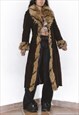 Vintage Longline Brown Faux Fur Trim Afghan Coat
