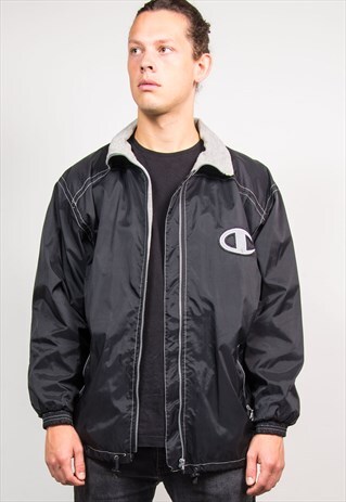 RETRO 90'S CHAMPION BLACK CONTRAST STITCH COACH JACKET