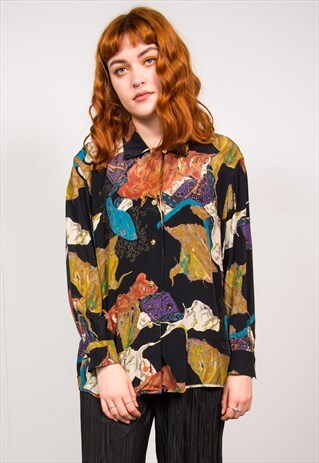 VINTAGE 90'S BLACK ABSTRACT PATTERN SHEER SHIRT