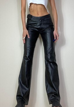Vintage Y2K 00's Low Rise Leather Trousers Black Flared