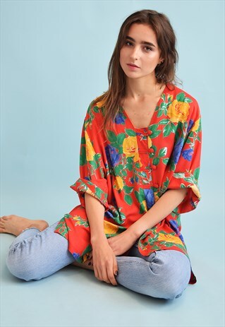 80'S RETRO FLORAL PRINT FESTIVAL OVERSIZED BLOUSE TOP