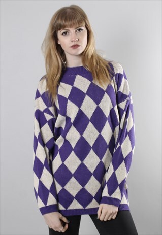 VINTAGE 80S PURPLE DIAMOND PATTERNED HIGH NECK JUMPER