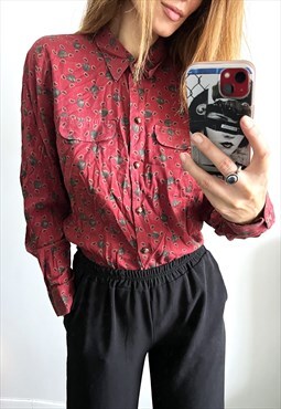 Printed Patterned Red Vintage Long Buttoned Shirt Blouse L
