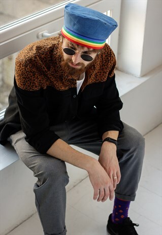 DENIM BERET HAT IN BLUE WITH RAINBOW