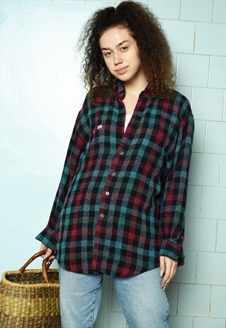 VINTAGE 80S BOHO CHECKED TERRY WORKWEAR SHIRT TOP