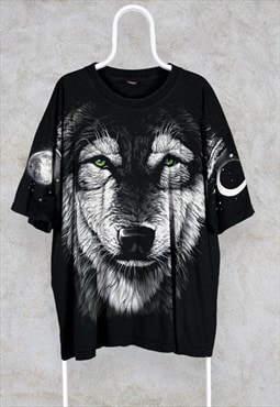 Vintage Wolf T Shirt Black All Over Double Sided Print XXL
