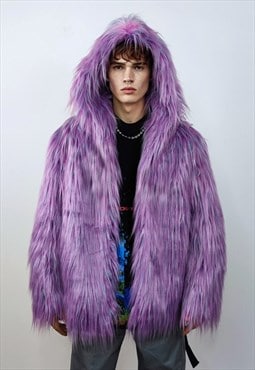 Shaggy faux fur jacket purple bomber bright raver coat neon