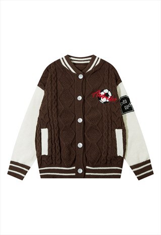 Knitted varsity jacket  cable sweater football jumper brown