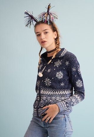 90'S RETRO FAIR ISLE BEADED POM POM KNIT CHRISTMAS JUMPER