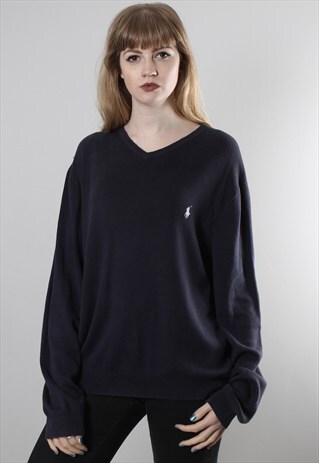 VINTAGE 90S POLO RALPH LAUREN BLUE V NECK JUMPER