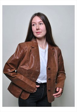 90's brown leather blazer, minimalist fall leather jacket