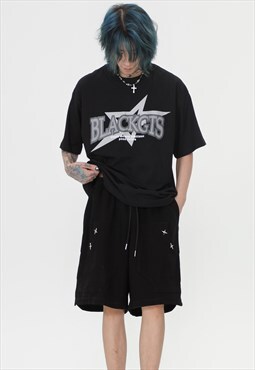 Metal artwork utility shorts premium punk pants in black