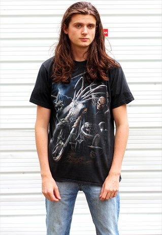 1990'S VINTAGE BLACK GRAPHIC CHOPPER/REAPER PRINT T-SHIRT