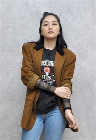 VTG 70S TOBACCO BROWN WOOL AND VELVET LONGLINE BLAZER