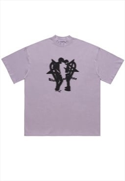 Pentagram heart t-shirt couple print tee love top in purple