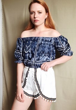 Boho Off-the-Shoulder Top & Shorts Co-Ord Twin Set