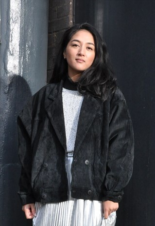 VTG 90S BLACK DOUBLE BREASTED SUEDE LEATHER JACKET
