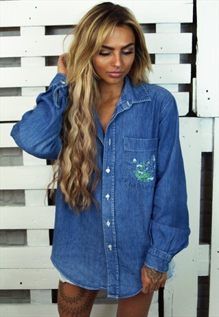 FLORAL EMBROIDERED DENIM LONG SLEEVED SHIRT