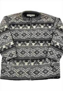 Vintage Fleece Jacket Retro Aztec Pattern Grey Ladies Large