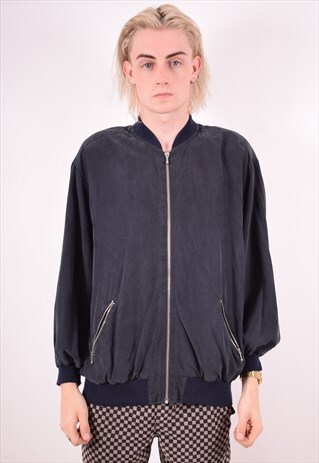 JAEGER MENS VINTAGE SILK BOMBER JACKET XL BLACK 90S