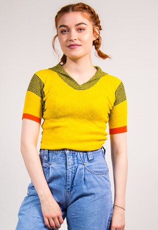 VINTAGE 70'S YELLOW SAILOR STYLE KNIT TOP