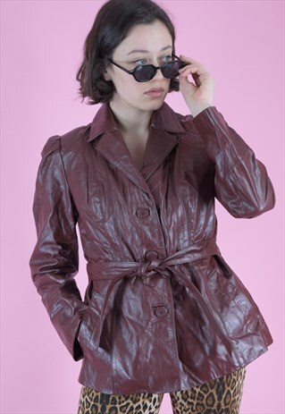 VINTAGE LEATHER JACKET TRENCH COAT IN RED BROWN WITH BELT