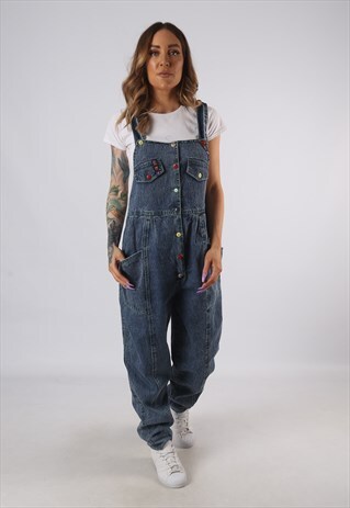 VINTAGE DENIM DUNGAREES WIDE TAPERED LEG UK 12 - 14 (9E1J)