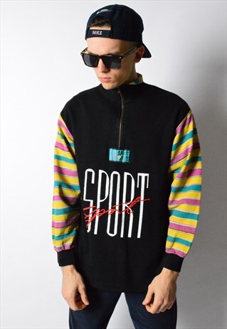 VINTAGE 80S BLACK COLOURFUL STRIPED 1/3 ZIPPER SWEATSHIRT