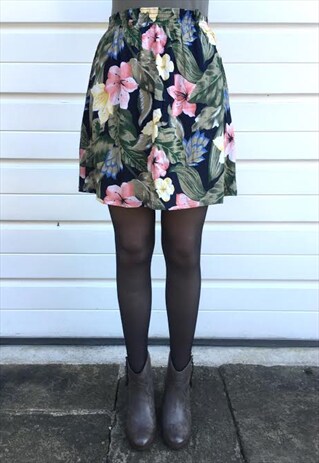 WOMENS VINTAGE FLOATY FLORAL FLOWERY 80S BOHO SHORT SKIRT