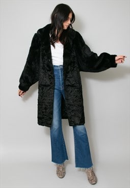 80's Vintage Ladies Faux Fur Black Long Coat Oversized 