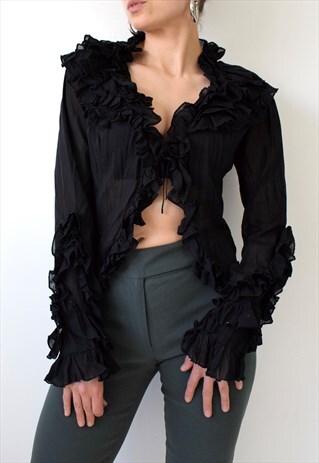 VINTAGE 90S Y2K CRINKLE FRILL TIE UP CARDIGAN TOP