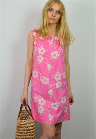 VINTAGE 70S BARBIE PINK & WHITE FLORAL SUMMER MINI DRESS