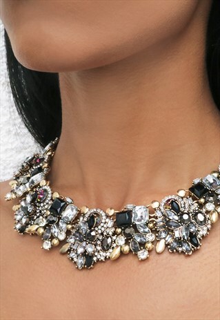BLACK AND GOLD RHINESTONE STATEMENT NECKLACE