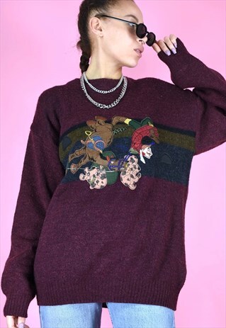 VINTAGE 90S KNIT JUMPER GRAPHIC FRONT ANIMAL DETAILS MAROON