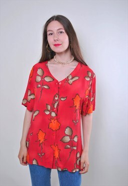 Floral print women vintage red summer oversize blouse 
