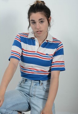 Vintage 90s Lacoste Polo Shirt Blue Stripes with Logo