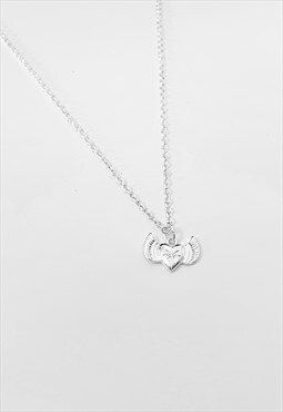 54 Floral Heart Wings Fire Pendant Necklace Chain - Silver