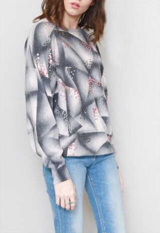 VINTAGE 1980'S PINK AND GREY EMBELLISHED WOOL JUMPER